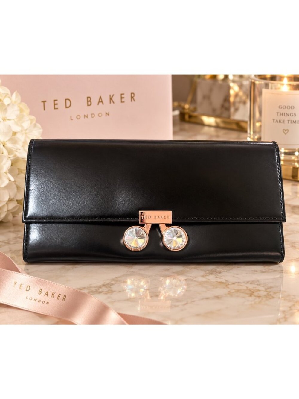 Ted Baker London Black Bovine Leather Crystal Bobble Rose Gold Wallet NWOT